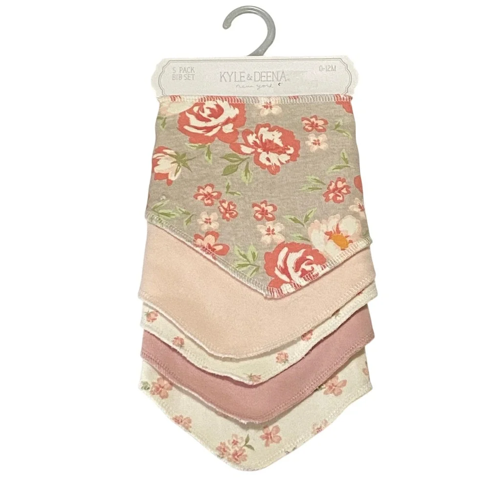 Kyle & Deena 5 Pack Bandana Bib‎ Set Floral Pink Grey Boho Cottage Floral Girls